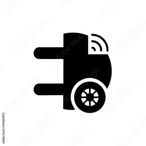 Autonomous electric car vehicle. Wireless charging and modern unique automobile engineering technology. Black and white vector icon.Electric socket,car wheel with wifi icon represents symbolic design