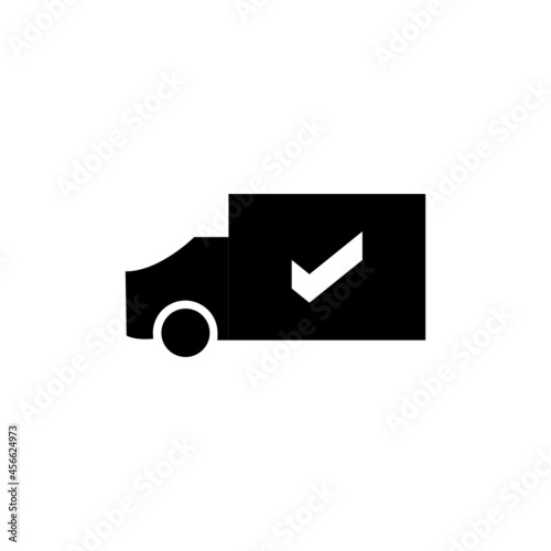 all kinds of goods mover solution. Mover car vehicle with tik mar. Black and white vector icon.