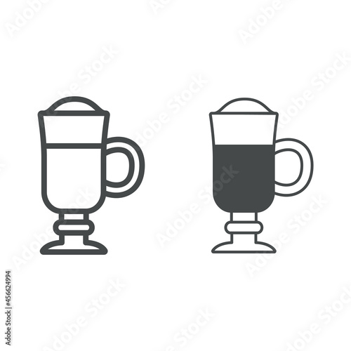 Cappuccino with foam in tall glass cup line and solid icon, catering business concept, coffee vector sign on white background, outline style icon for mobile concept and web design. Vector graphics.