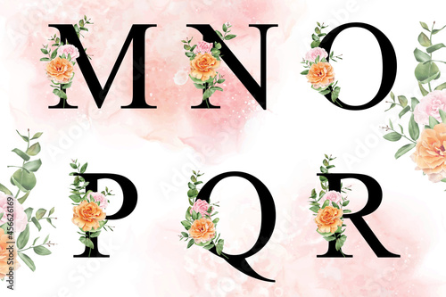 Watercolor floral alphabet set of m, n, o, p, q, r with hand drawn flowers and leaves photo