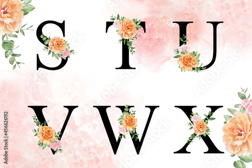 Watercolor floral alphabet set of s, t, u, v, w, x with hand drawn flowers and leaves