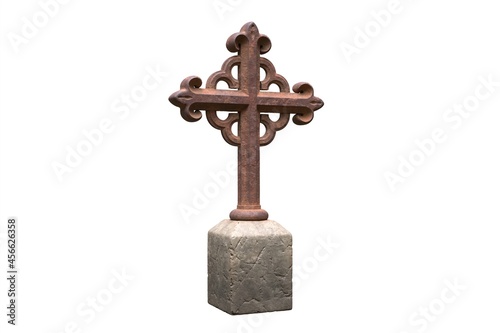 3d illustration of old rusty tombstone cross isolated on white