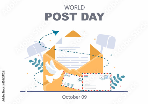 World Post Day Background Which is Celebrated on October 9 with Mail Box, Map, Bird or Letter for Greeting, Poster, Profile Photo. Vector Illustration