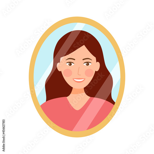 Beauty woman looking her face in the mirror in flat design on white background.