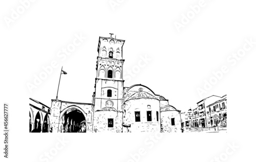 Building view with landmark of Larnaca is the city in Cyprus. Hand drawn sketch illustration in vector.