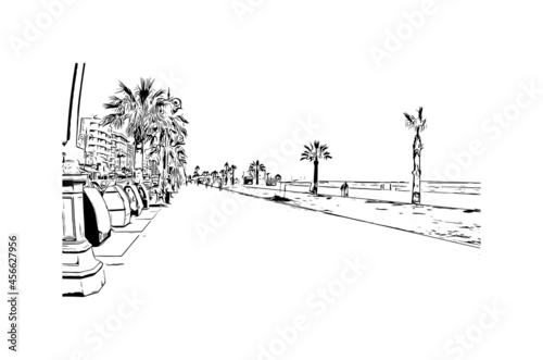 Building view with landmark of Larnaca is the 
city in Cyprus. Hand drawn sketch illustration in vector.