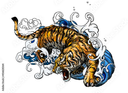 Fototapeta Asian style illustration of tiger and waves