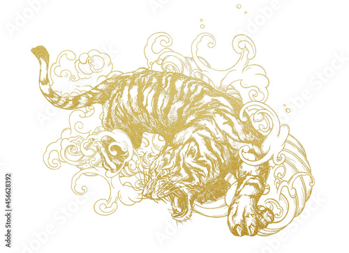 Illustration of golden tiger and waves