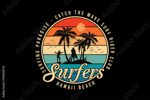 Surfers hawaii beach, design silt retro style