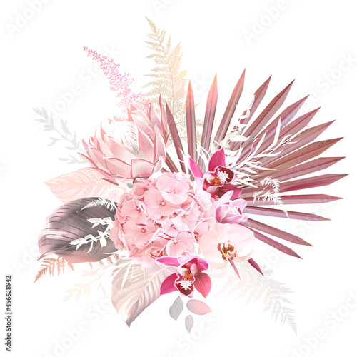 Trendy dried palm leaves, pale protea, maroon orchid, blush pink hydrangea