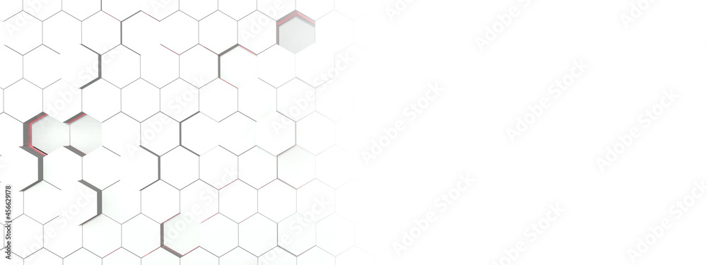 Hexagonal grid surface. Geometry pattern. Abstract white hexagon with copy space background. 3D rendering image	