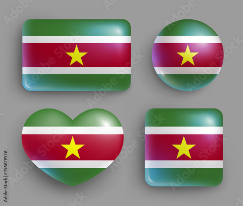 Free Download Set of glossy buttons with Suriname country flag. South America country national flag, shiny geometric shape badges. Suriname symbols in patriotic colors realistic vector illustration - GFXLoad
