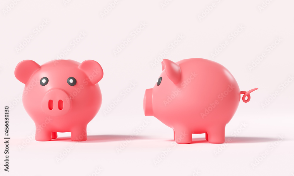 Two pink piggy bank front view and side view on pink background, money-saving concept. 3d render illustration