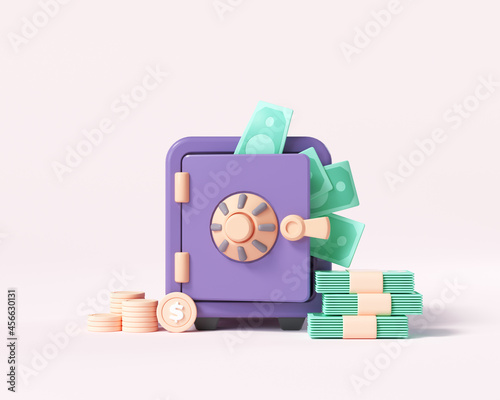 Vault or Safe box with coin stacks, bunch of money, money-saving, and stored money concept Fototapeta