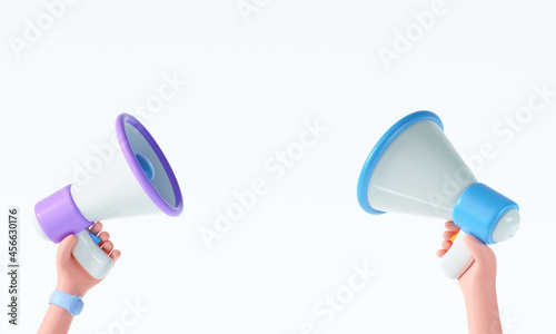 3D Cartoon hand holding megaphone on isolated white background with copy space. 3d render illustration