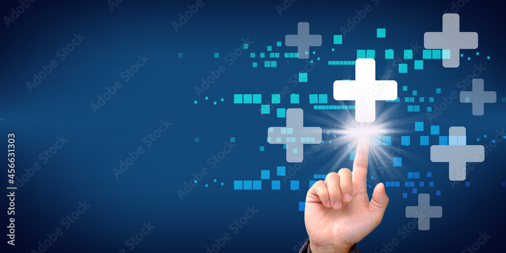 Businessman pushing button positive thing. Business for Profit, Benefit, Development and growth Concepts. represented by a plus sign with virtual screen Businessman pushing button positive thing. Business for Profit, Benefit, Development and growth Concepts. represented by a plus sign with virtual screen