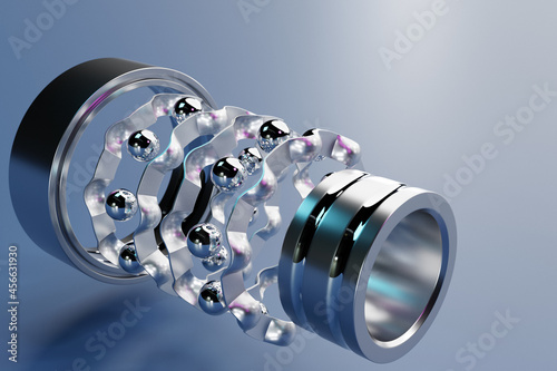 3D illustration metal silver  disassembled ball bearing with balls on  blue  isolated background. Bearing industrial. Part of the car