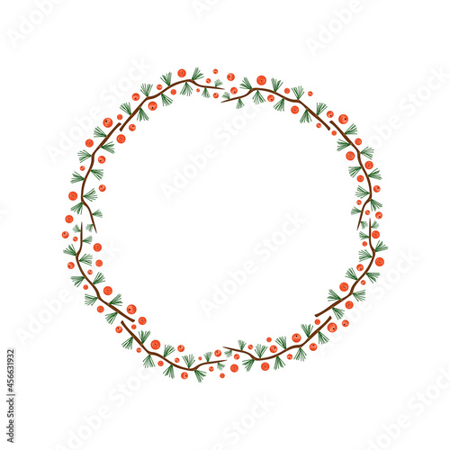 Frame made of spruce, fir, pine and rowan berries. Hand drawing. Illustration. Christmas card.