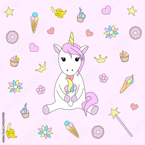 Cute baby unicorn vector illustration in pastel rainbow colors. cartoon style. Hand drawing. Cute animal.