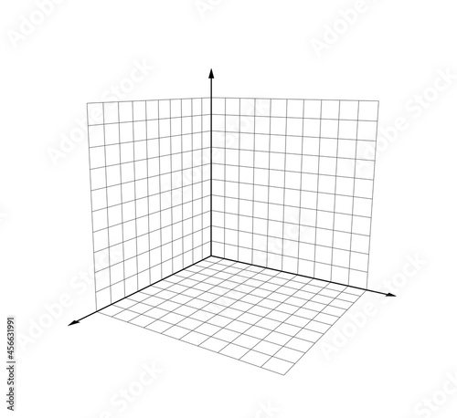 3d coordinate axis xyz, 10x10 blank grid isolated on white background, black lines illustration photo
