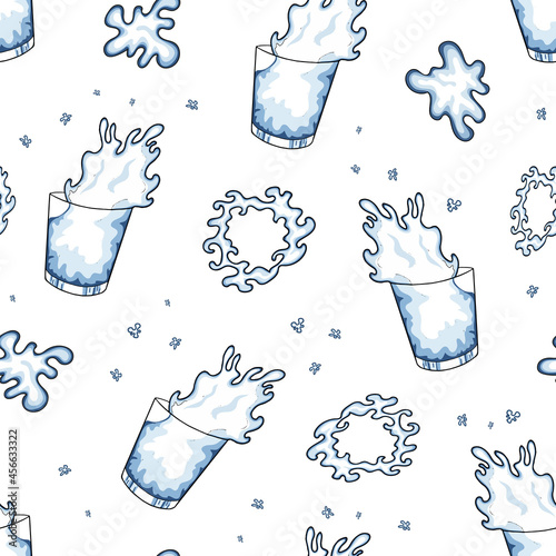 Seamless pattern of a glass of water with splashes. white background. Hand drawing. Vector illustration in a cartoon style.