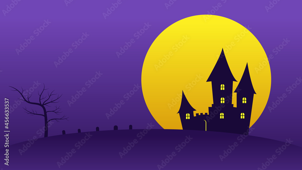 happy Halloween holiday party background with full moon in night sky behind haunted castle on hills with tree cartoon flat style with copy space 
