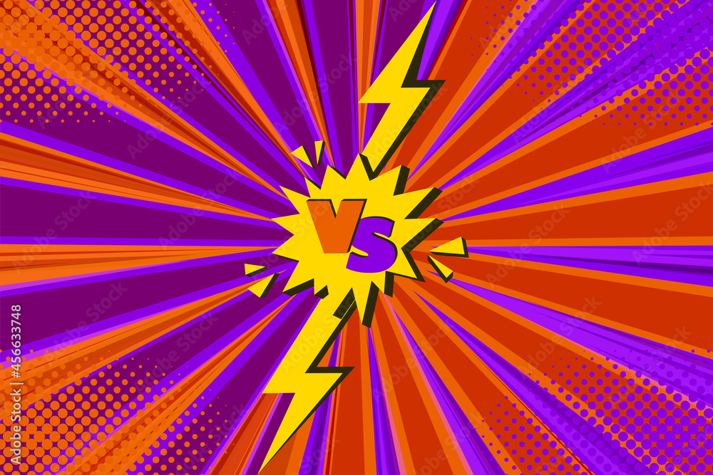 Fototapeta premium Superhero halftoned background with lightning. Versus cartoon design with yellow flash. Vector illustration backdrop