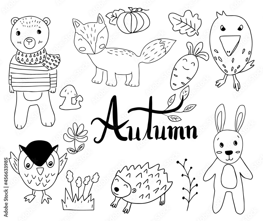 Set of animal in autumn cartoon doodle style,line hand drawn,vector illustration.