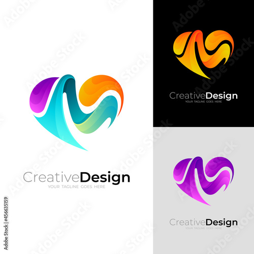 Heart and M logo design illustration, 3d style