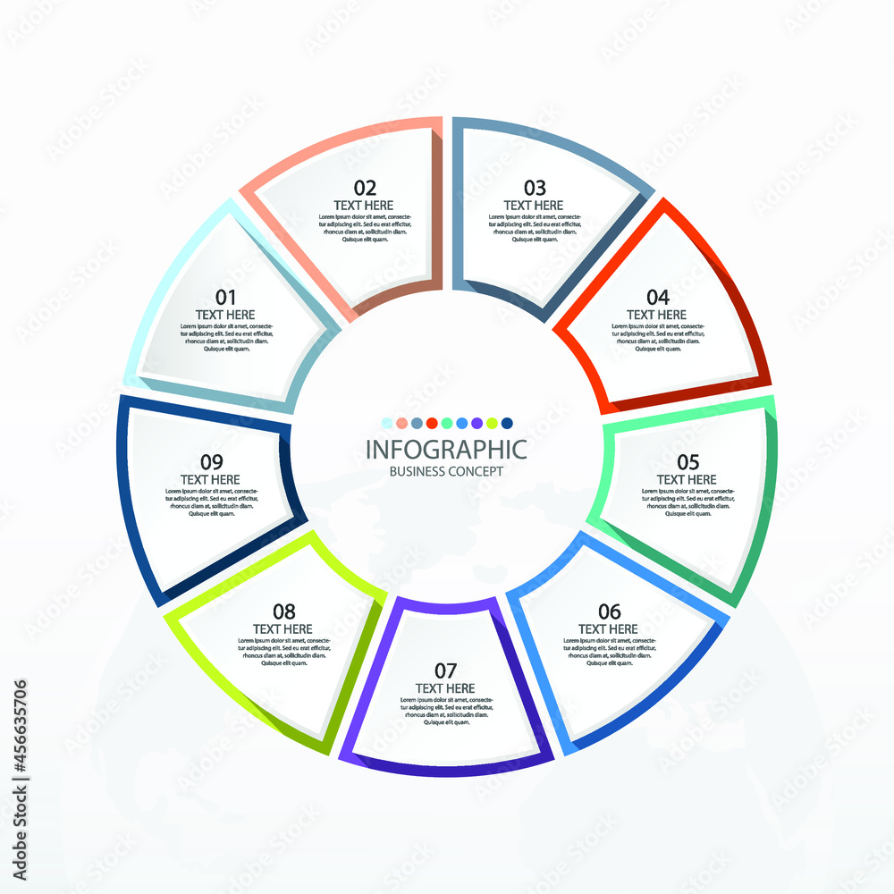 Basic circle infographic template with 9 steps, process or options, process chart, Used for process diagram, presentations, workflow layout, flow chart, infograph. Vector eps10 illustration.