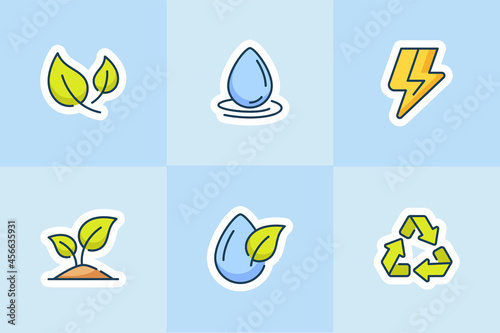 ecology icons set collection package blue isolated background with modern cartoon flat style