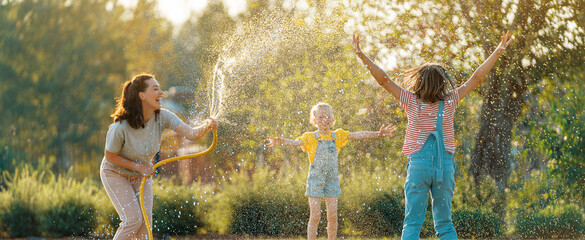 Happy family playing in backyard