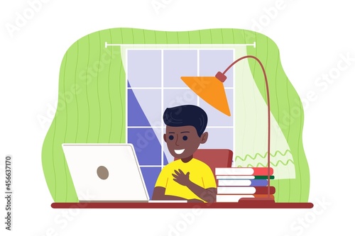 Online distance learning. The boy studies with books and a computer online from home. Back to school concept. Vector illustration in a flat style.