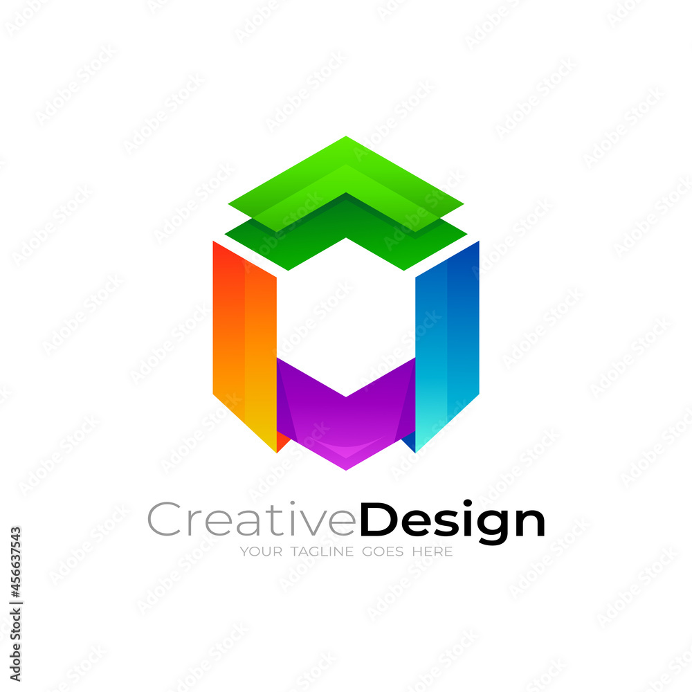 Symbol hexagon logo with arrow design vector, 3d style Symbol hexagon logo with arrow design vector, 3d style