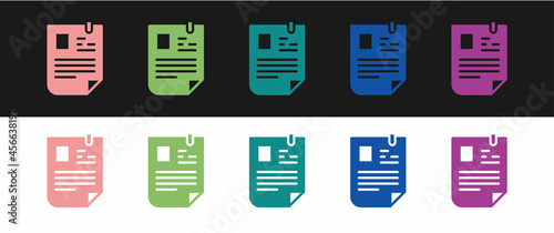 Set Resume icon isolated on black and white background. CV application. Searching professional staff. Analyzing personnel resume. Vector