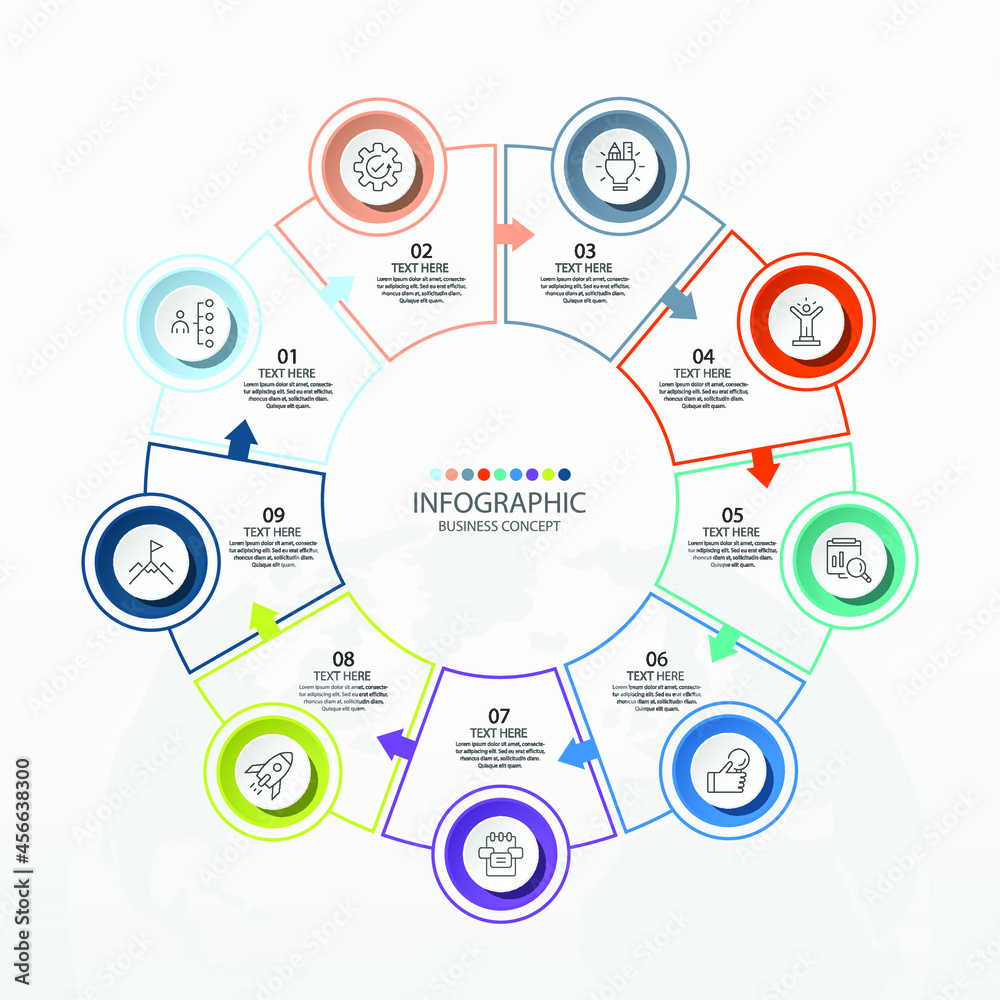 Basic circle infographic template with 9 steps, process or options, process chart, Used for process diagram, presentations, workflow layout, flow chart, infograph. Vector eps10 illustration. Basic circle infographic template with 9 steps, process or options, process chart, Used for process diagram, presentations, workflow layout, flow chart, infograph. Vector eps10 illustration.