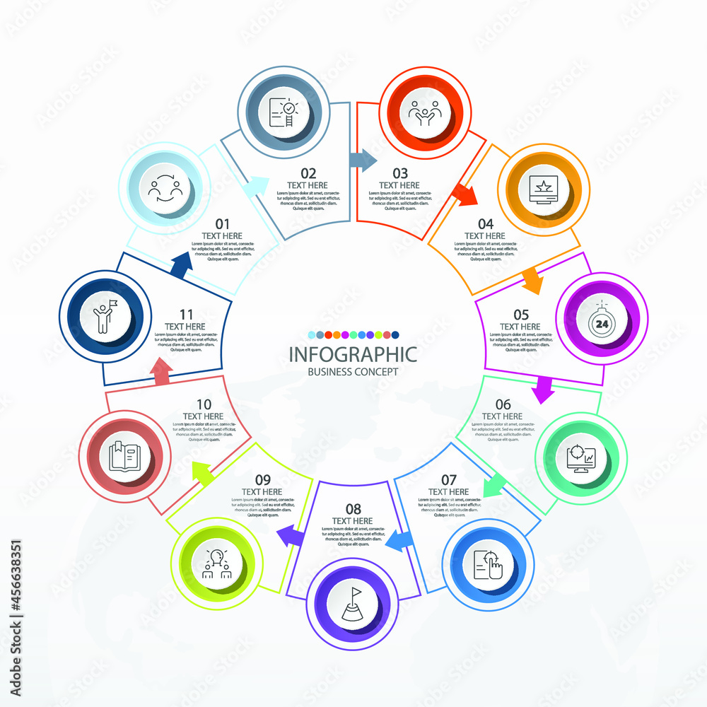 Basic circle infographic template with 11 steps, process or options, process chart, Used for process diagram, presentations, workflow layout, flow chart, infograph. Vector eps10 illustration.