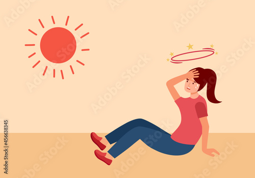 Sweaty woman suffering from hot weather strong sunlight in flat design. Headache and dizziness from heatstroke. Hot summer day.