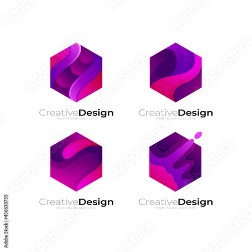 Abstract hexagon logo and colorful design template, purple icon