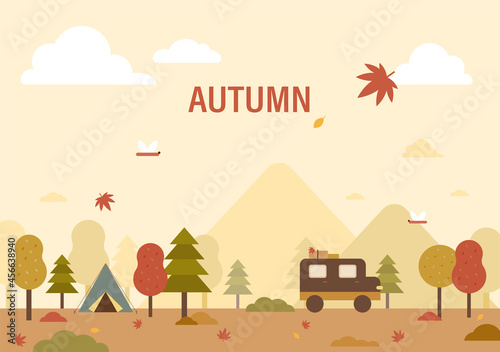 Poster of autumn nature background. Tent and camping in the forest. flat design style vector illustration.