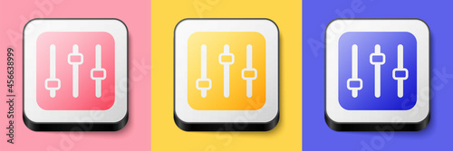 Isometric Sound mixer controller icon isolated on pink, yellow and blue background. Dj equipment slider buttons. Mixing console. Square button. Vector