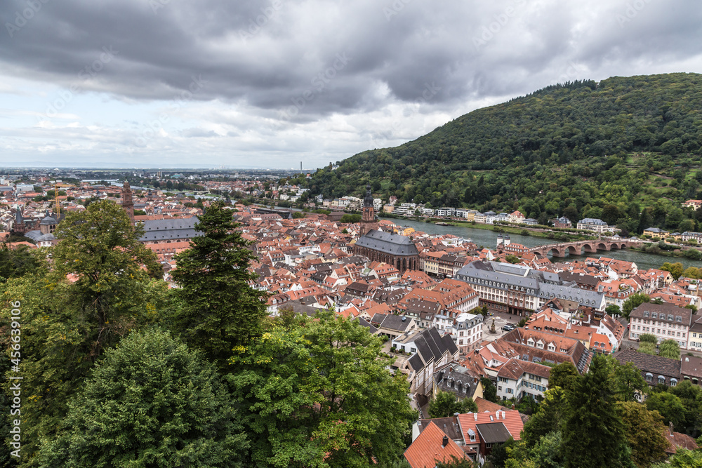 Heidelberg, Germany. View of the historic center from the mountain: Market Square, Old Bridge (Karl Theodor Bridge)