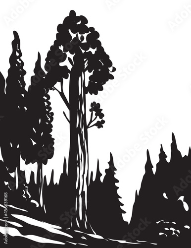 WPA poster monochrome art of General Grant Tree Trail in Kings Canyon National Park located in Sierra Nevada, California, USA done in works project administration black and white style.