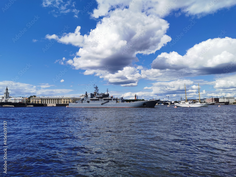 Warships, frigates and sailboats built in the Neva water area for the Day of the Navy in St. Petersburg. Warships, frigates and sailboats built in the Neva water area for the Day of the Navy in St. Petersburg.