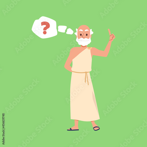 Ancient Greek philosopher pondering on philosophy, vector illustration isolated.
