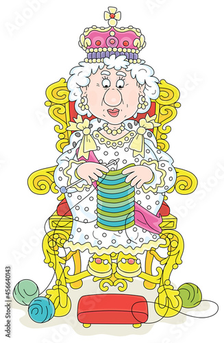Queen in solemn royal dress sitting on her royal throne and knitting a warm striped scarf at leisure, vector cartoon illustration isolated on a white background