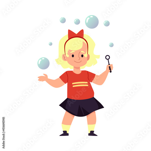 Cute blond child girl blowing soap bubbles, flat vector illustration isolated.