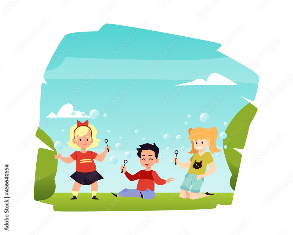 Happy kids fun play with flying soap bubbles at park a vector illustration. Happy kids fun play with flying soap bubbles at park a vector illustration.
