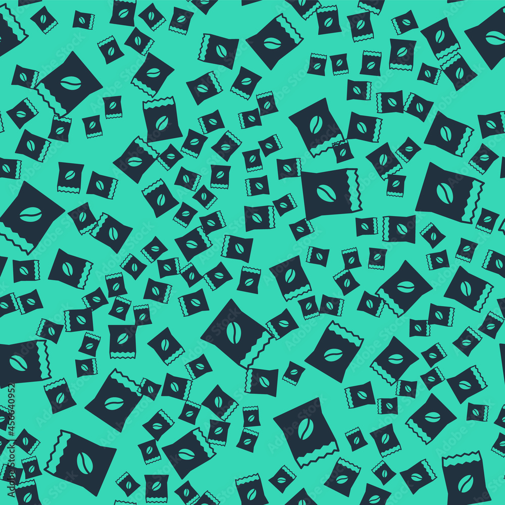 Black Bag of coffee beans icon isolated seamless pattern on green background. Vector