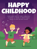 Poster with happy children blow and playing with flying soap bubbles outdoors.